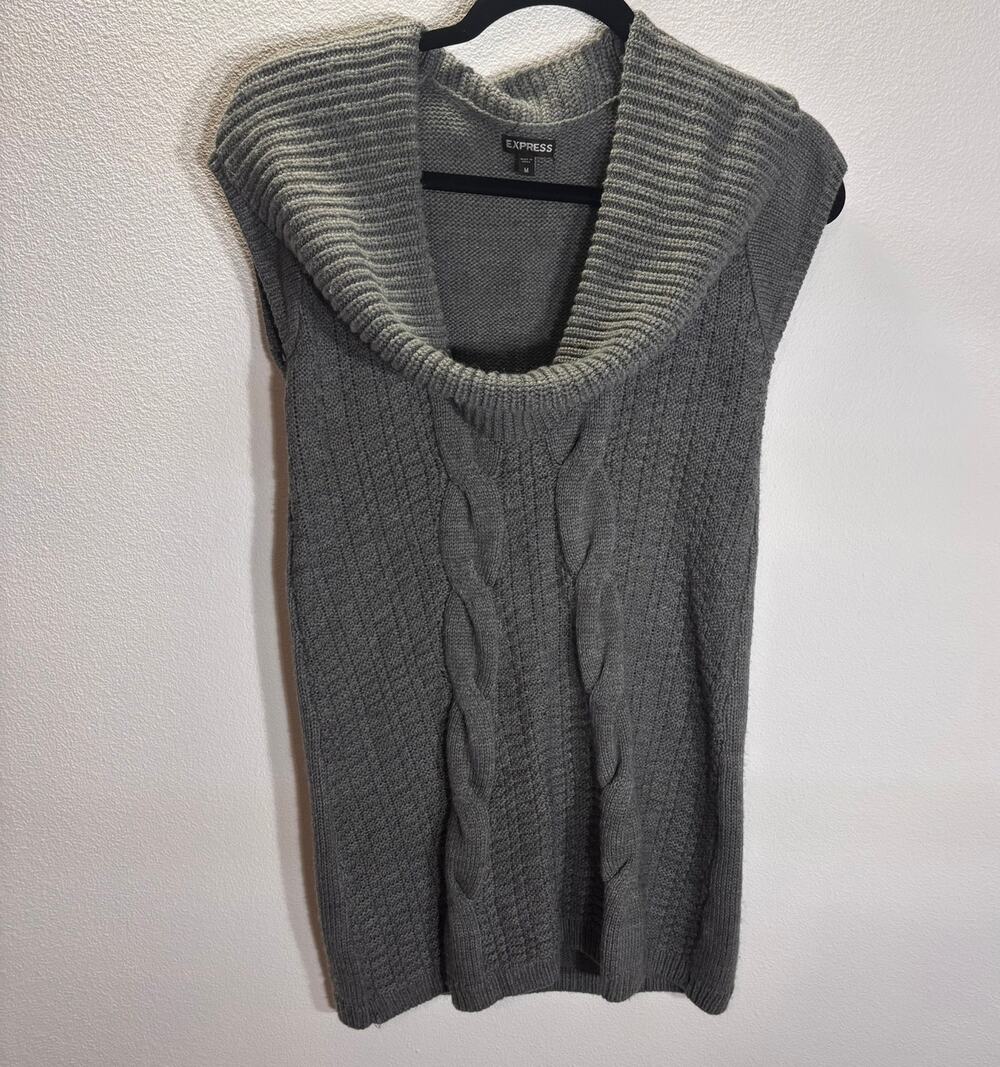 Express Gray Cable Knit Sweater Dress Tunic Cowl Neck Sleeveless Medium
